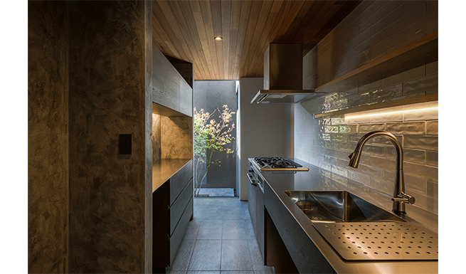 キッチンから北西側コートを望む。